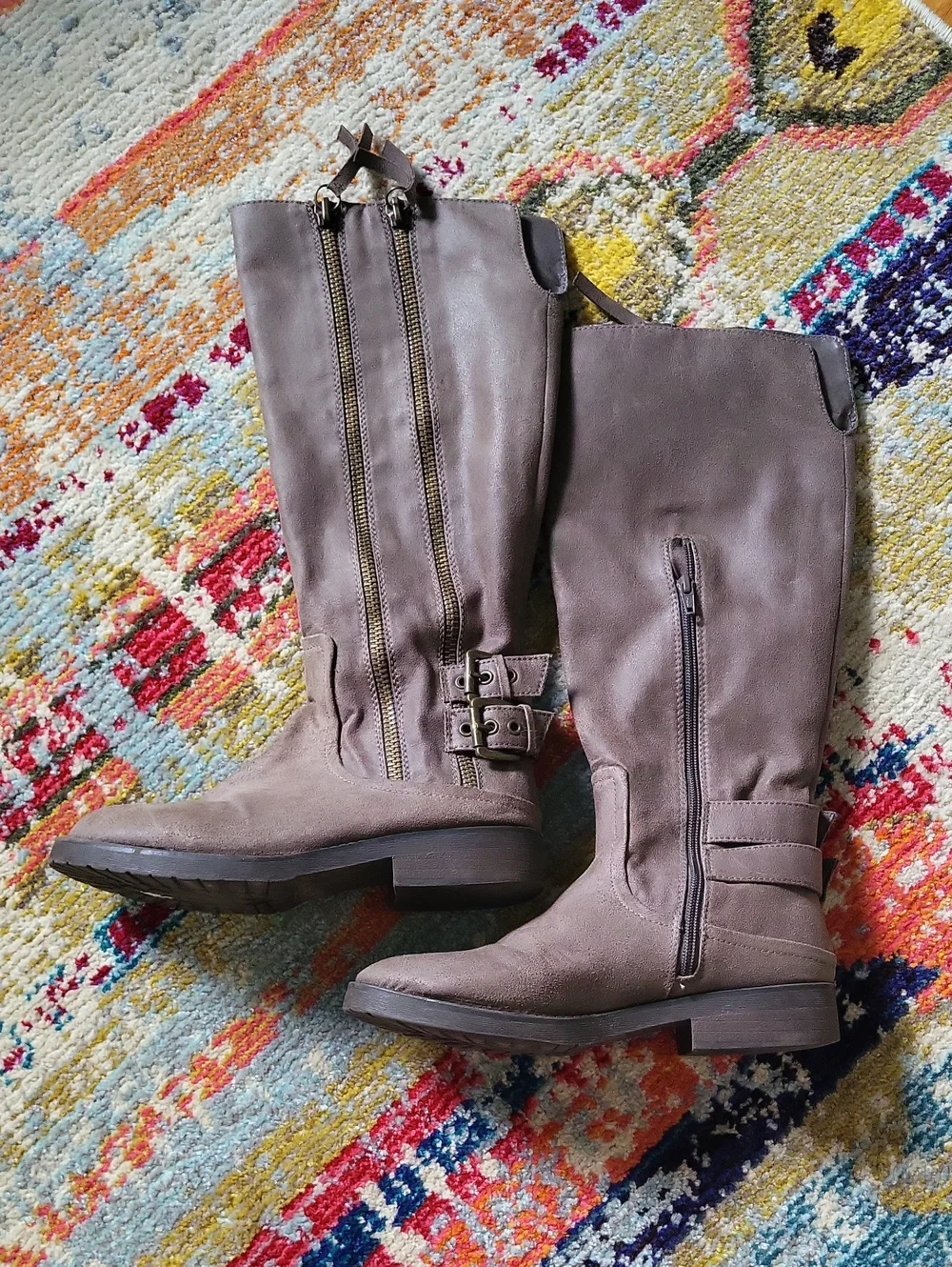 Women's Taupe Knee-High Riding Boots - Classic Zip & Buckle Style